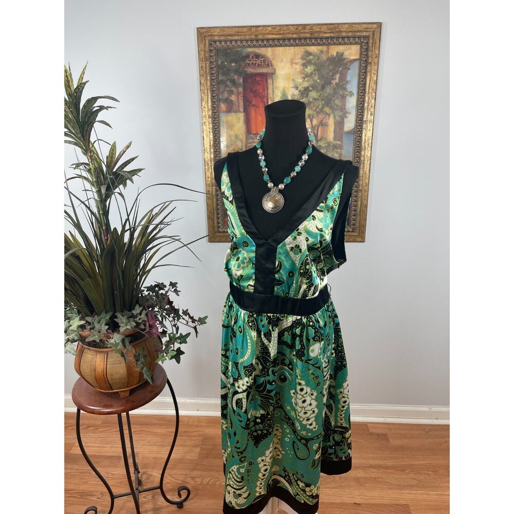 Another Thyme Midi Dress Womens 18W Green Black Paisley Maximalist Boho Glam